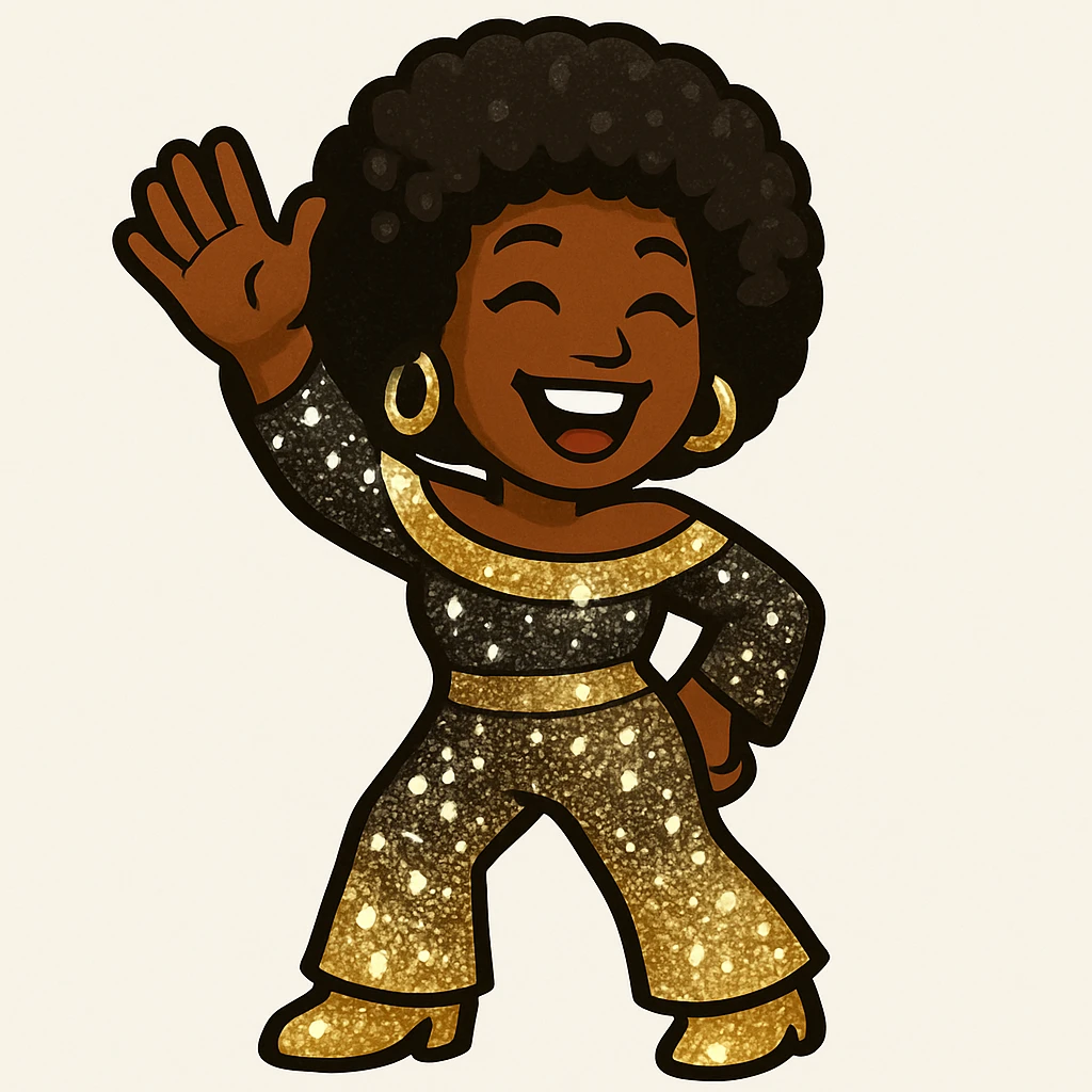 Create a 1970s disco emoji of a female African American waving with a joyful expression, afro hairstyle, and a sparkling disco outfit using only gold, silver, black, and white colors. The style is vibrant and pop colors icon style. emoji