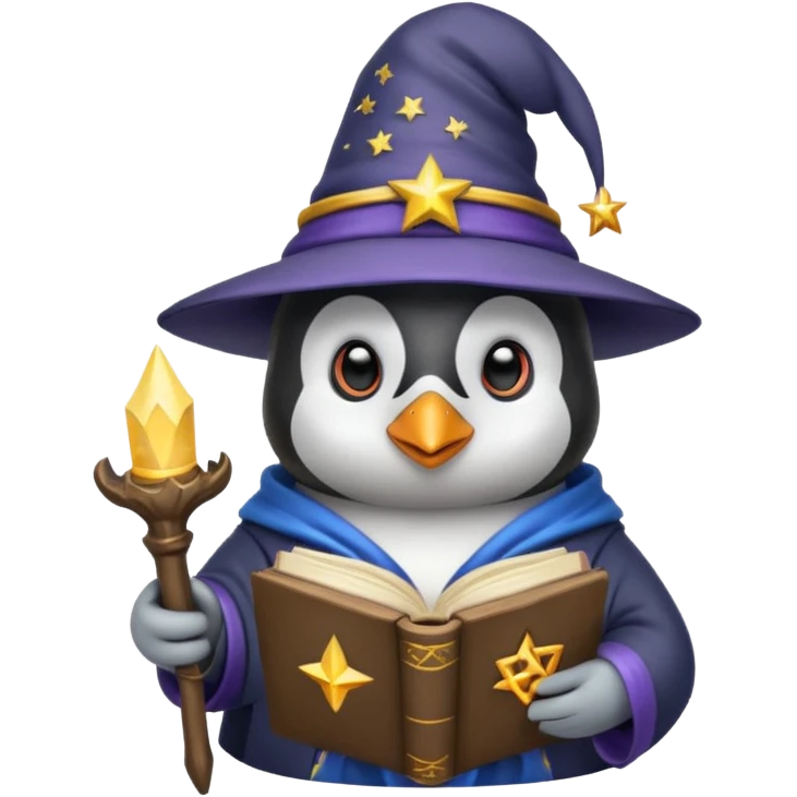 penguin wizard with a book of spells starry hat emoji