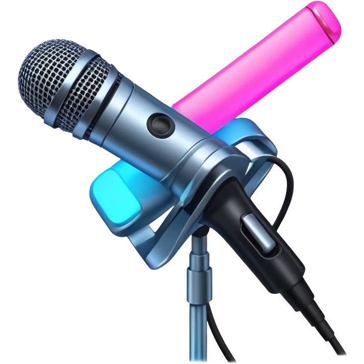 microphone with neon glow effect, blue neon glow on top left, pink neon glow on bottom right emoji
