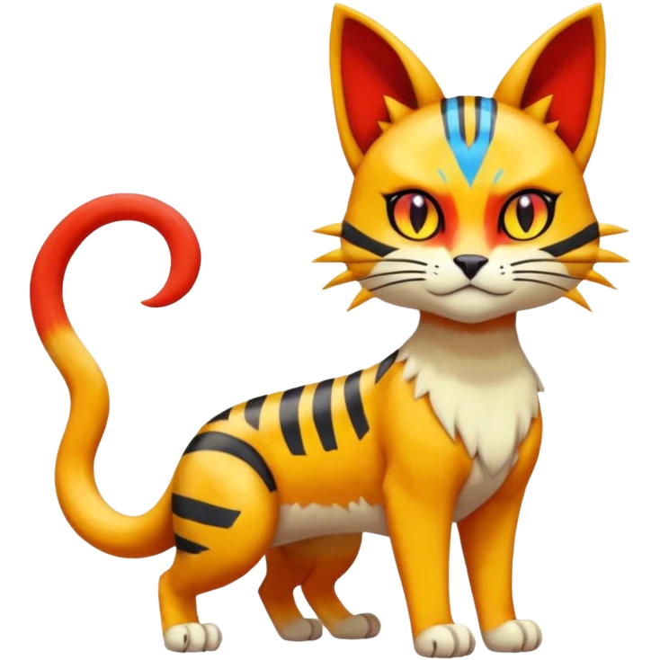 Colorful orange red black yellow Bastet-Gatomon-Meowth-Vernid-Protogen-Digimon-Fakémon-Pokémon-creature  (full body) emoji