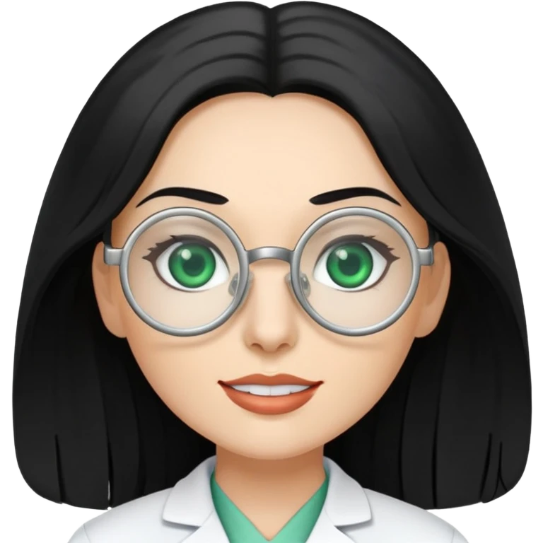 Woman with long, Black hair, Silver round Glasses and with green eyes as a dentist emoji