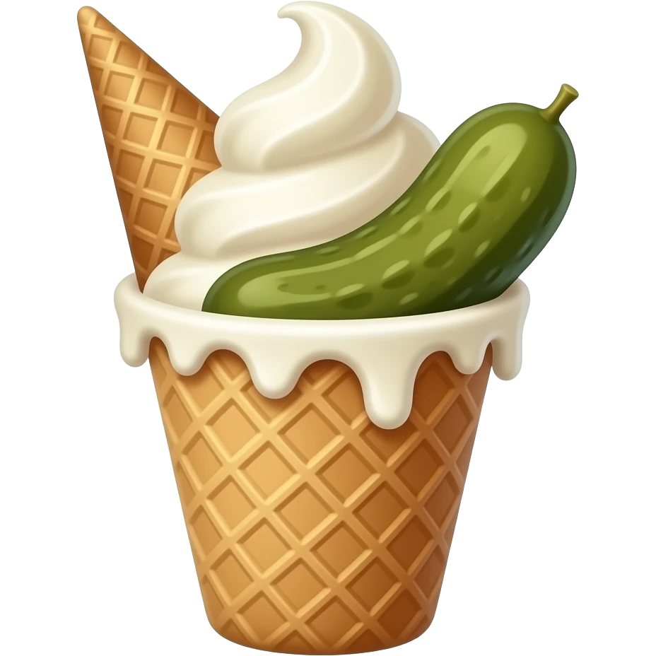 Pickle on a waffle cone surrounded in soft serve inside the cone emoji