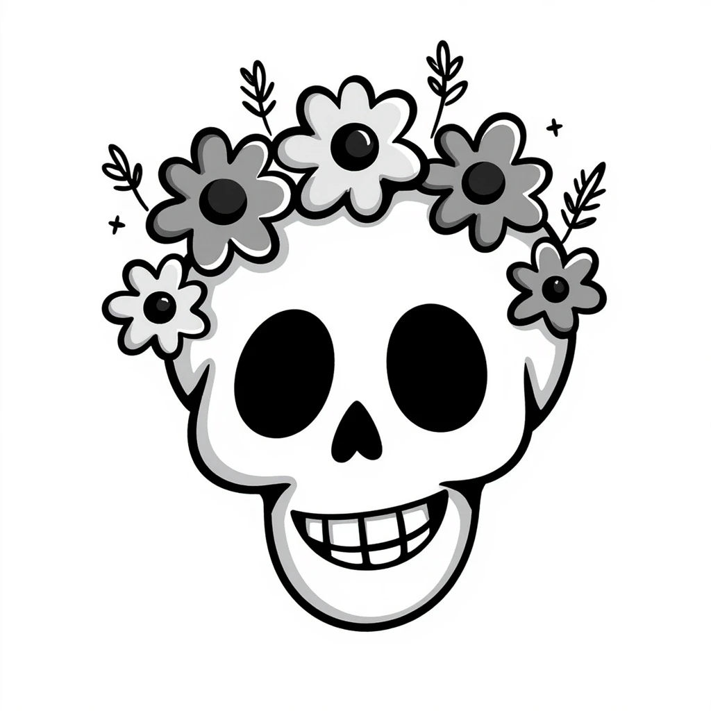 cheerful skull with flowers, visual concept combining happiness and death emoji
