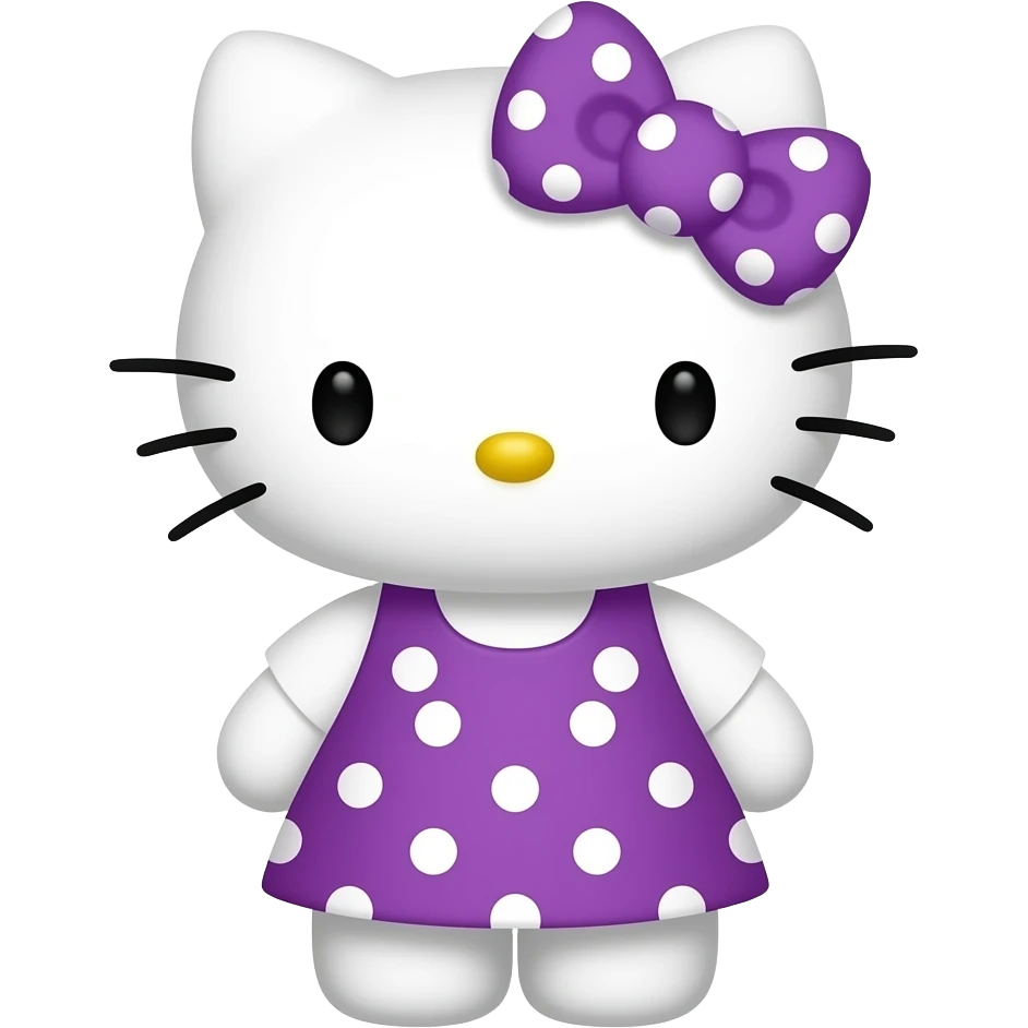 hello kitty wearing purple with white polka dots skirt and a white shirt with a purple with white polka dots bow emoji