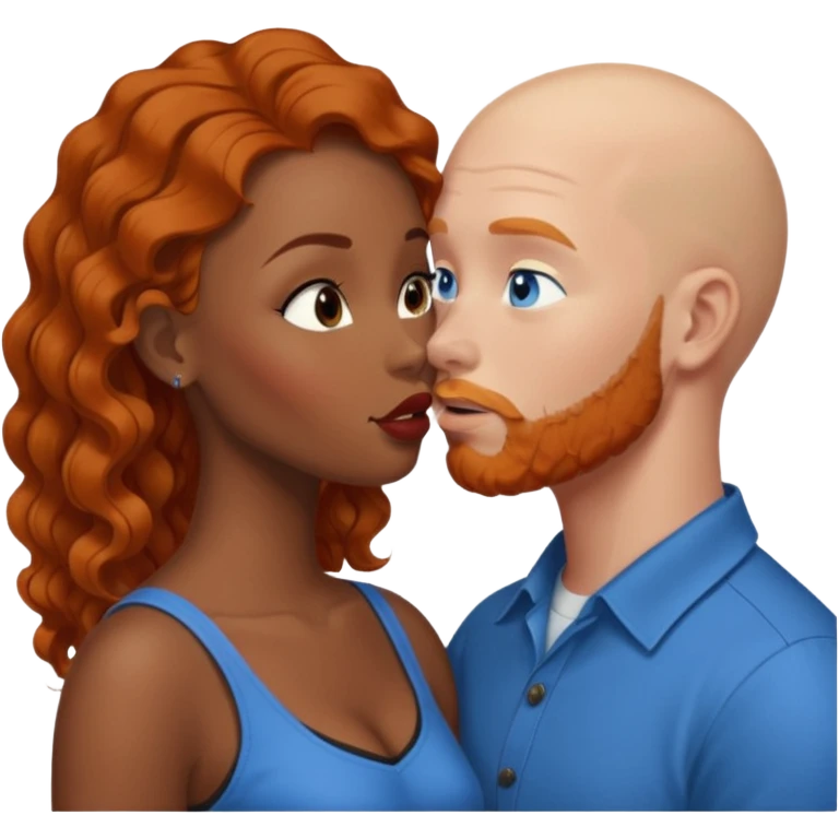 Bald white male with ginger beard and blue eyes kissing African American brown woman with black wavy hair emoji