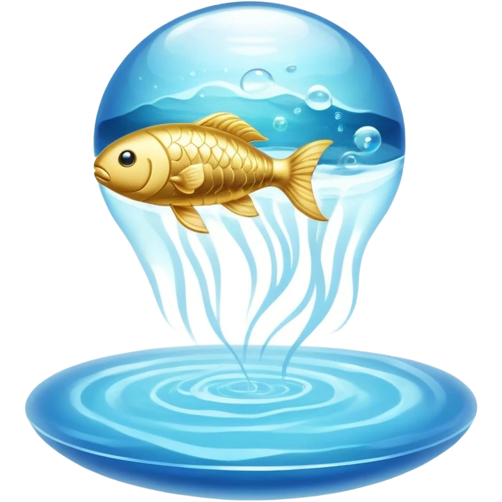 Shimmering golden capsule floating in flowing soft blue liquid currents, with an ethereal translucent fish circling around a glowing brain suspended in the fluid. Gentle waves of light pulsing outward from the brain, creating an aura of serenity, enhanced focus and mental clarity. emoji