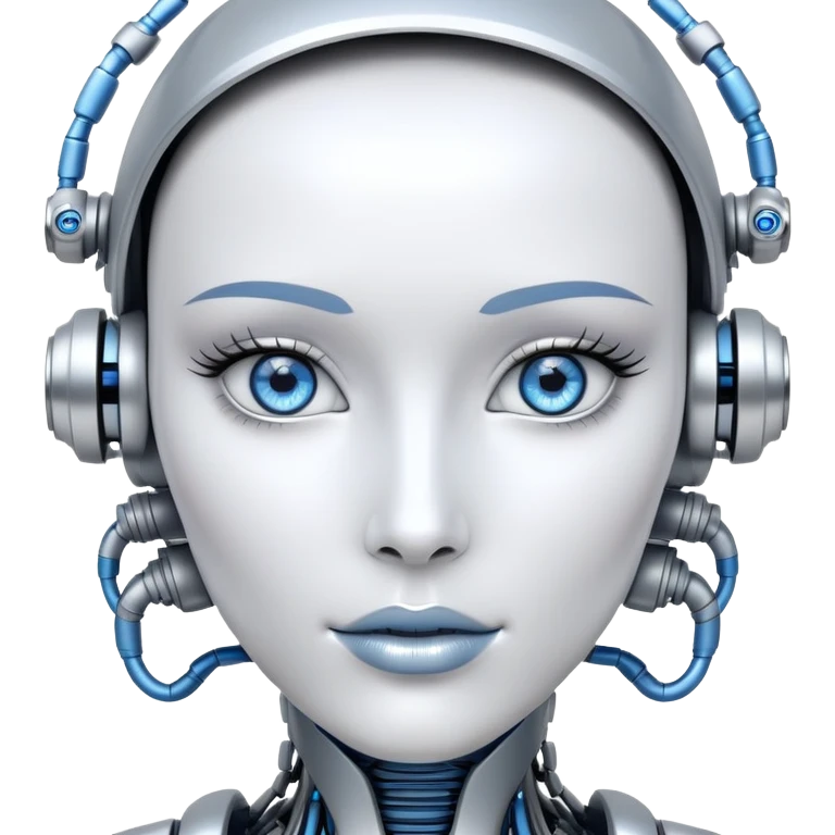 Gorgeous female intricate robot face silver with blue eyes emoji