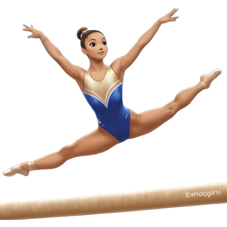A gymnast performing a flawless routine on the balance beam, showcasing strength and grace. The scene captures the precise, elegant movement with perfect balance and form. The background features a gymnastics arena with vibrant lighting and cheering crowds, emphasizing athleticism and poise. emoji