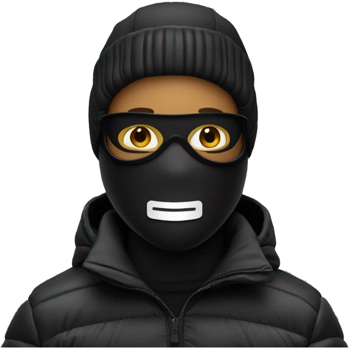 Man in all black, ski mask and puffer jacket, holding a credit card emoji