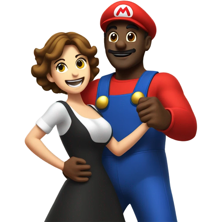 Black man wearing giant Mario costume dancing with brunette woman  emoji