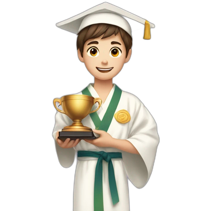 a 12-year-old boy with brown hair with a prize cup in one hand and a diploma in the other hand in a white kimono emoji