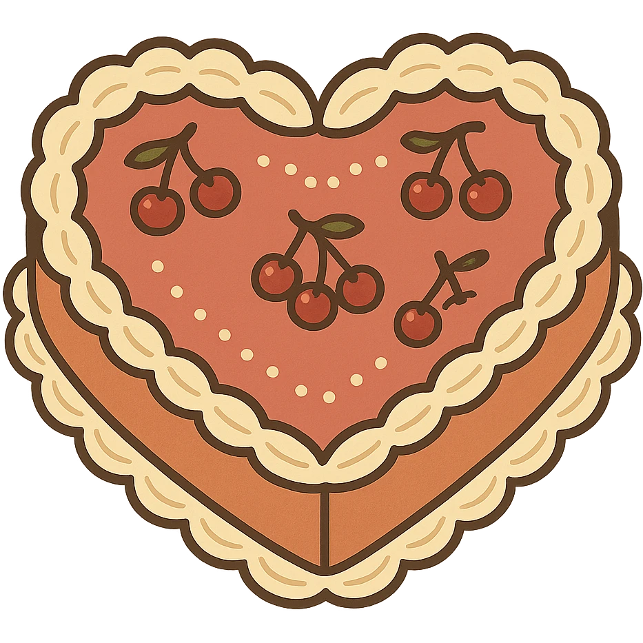 flat toon heart-shaped vintage-style cake with cherries emoji