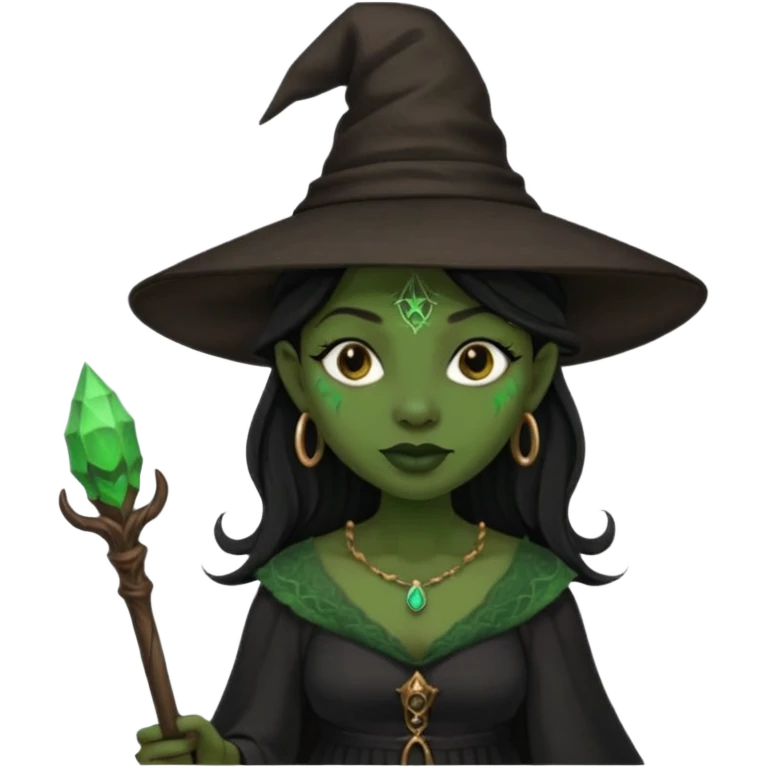 ведьма-африканка с зеленой кожей с широким носом в черном платье и черной ведьминской шляпе с посохом и длинными черными волосами  emoji
