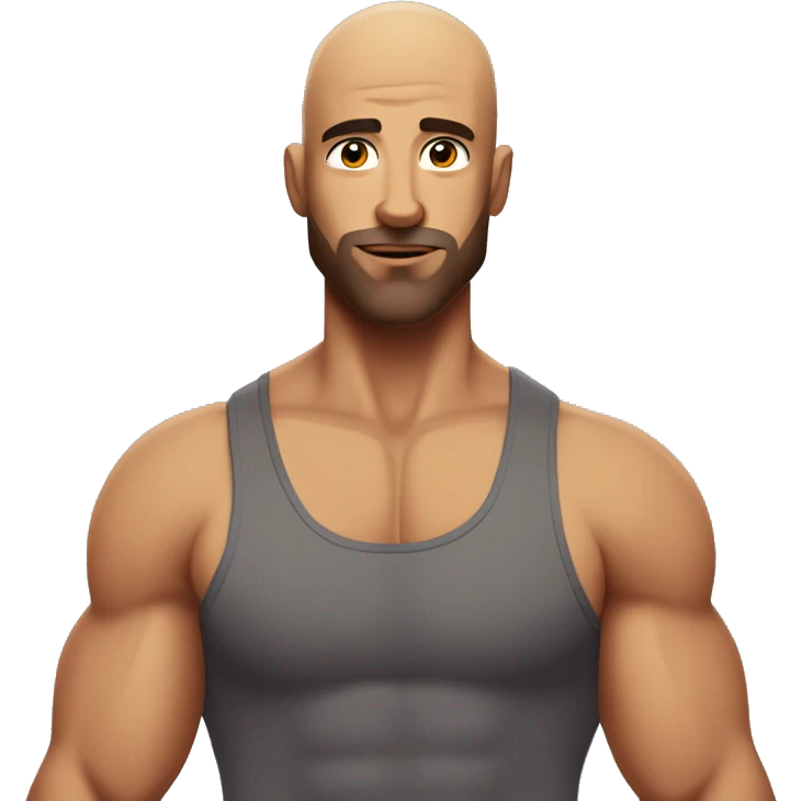 muscle man, close shaven head, tank top, hairy chest, full facial scruff emoji