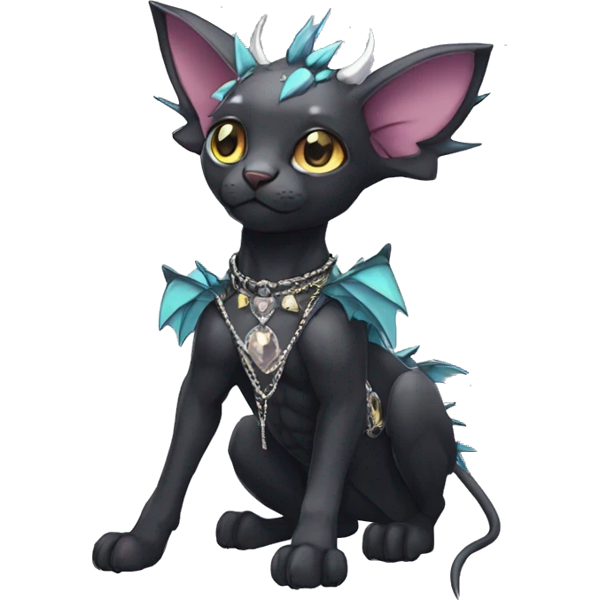 cool punk kawaii anime edgy distinguished elegant beautiful fantasy black ethereal nargacuga-bat-sphynx-Quiana-Fakemon collar harness jewels full body emoji