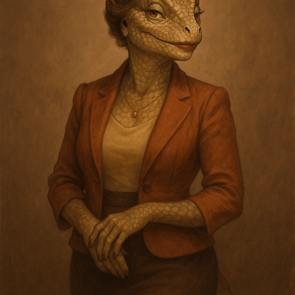 anthropomorphic lizard woman with mature, confident features, stylish clothing, warm and inviting expression, subtle makeup, elegant pose, detailed scales, feminine silhouette emoji