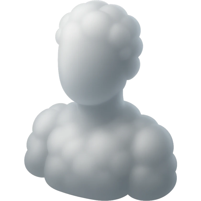 person made entirely of white fluffy convex clouds, shoulder up, front view, matte glass style emoji