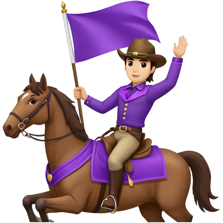 White brunette male Texan rider on a horse waving a blank purple flag emoji