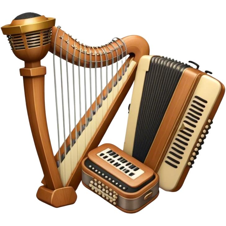Create a warm and inviting humanless emoji representing folk singing. The design should feature a traditional microphone, perhaps with a wooden texture, symbolizing the rustic and authentic feel of folk music. Surround the microphone with subtle elements such as a hand-played tambourine, an accordion, or a balalaika to reflect the folk instruments. Add flowing musical notes to symbolize the vocal melodies. Use earthy, natural colors like browns, reds, and greens to evoke a sense of tradition, warmth, and connection to the community. The background should be transparent. emoji
