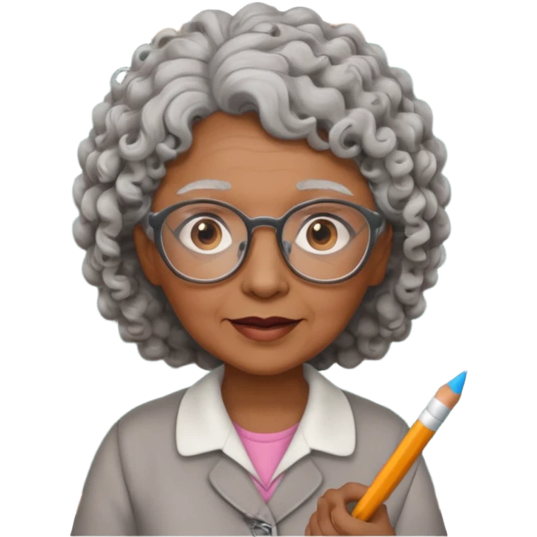 old woman teacher, brown skin, curly grey hai, wearing glasses, hold chalk on hand emoji
