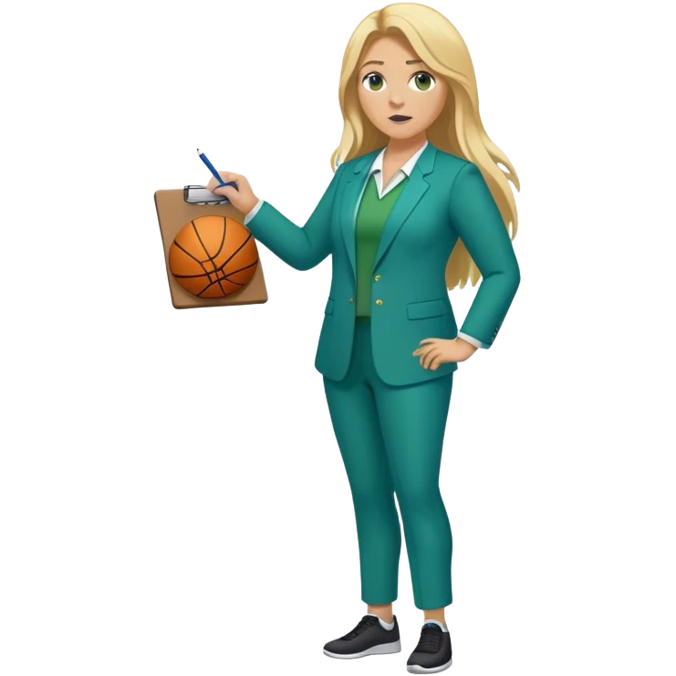 Full Body white plus size female basketball head coach using a clipboard with long blonde hair in a blue and green suit emoji
