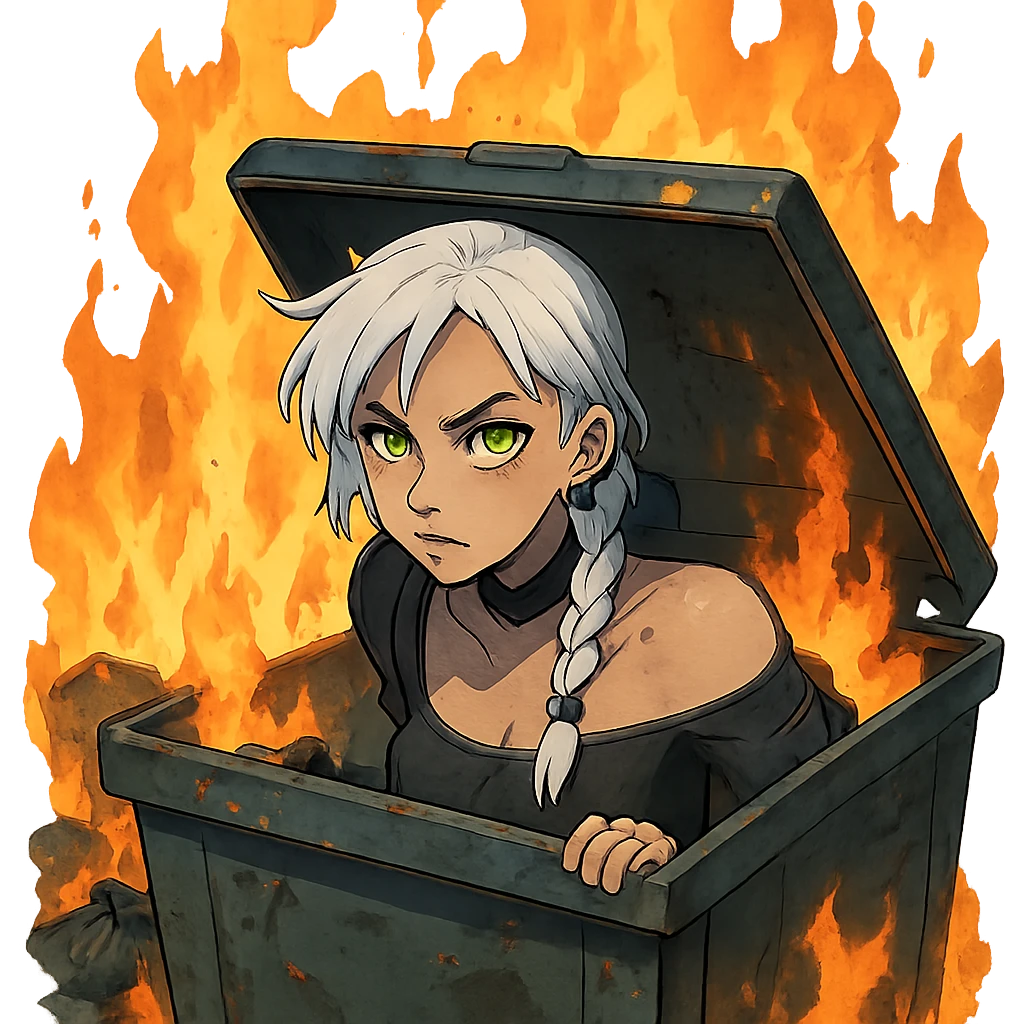 she is poking out from a garbage dumpster, fire, garbage fire, everything is on fire, a closeup portrait of young woman with gold yellow eyes, white hair, long braid, black off-shoulder top d-cup, punk gothic style, futuristic cyberwave cyberpunk, emoji