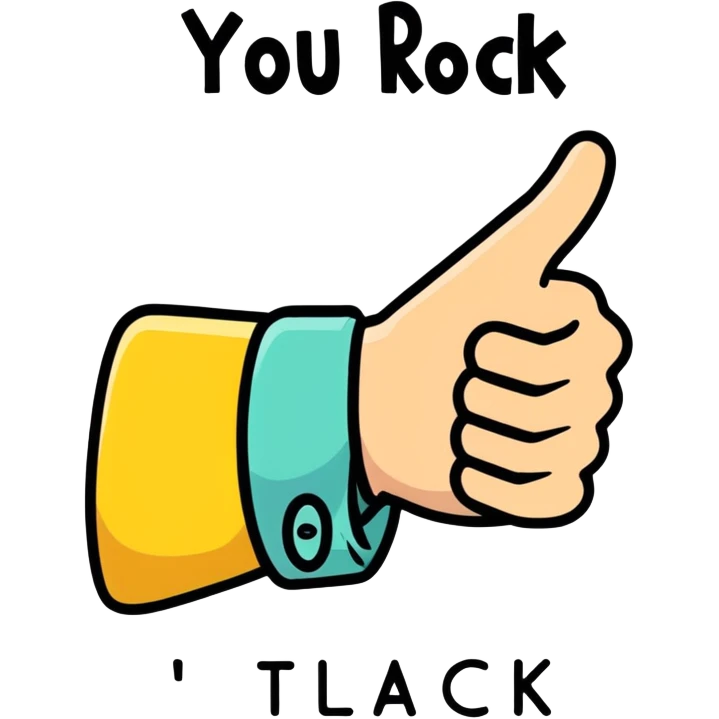 The words “YOU ROCK” stacked on top of eachother with a thumbs up in the middle emoji