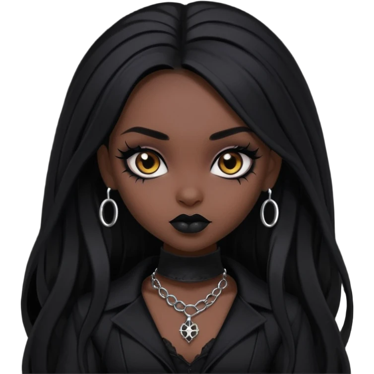 dark skin, goth bratz baddie, beautiful brown eyes, gothic black makeup, long black hair, black gothic hair styled, black goth clothes emoji