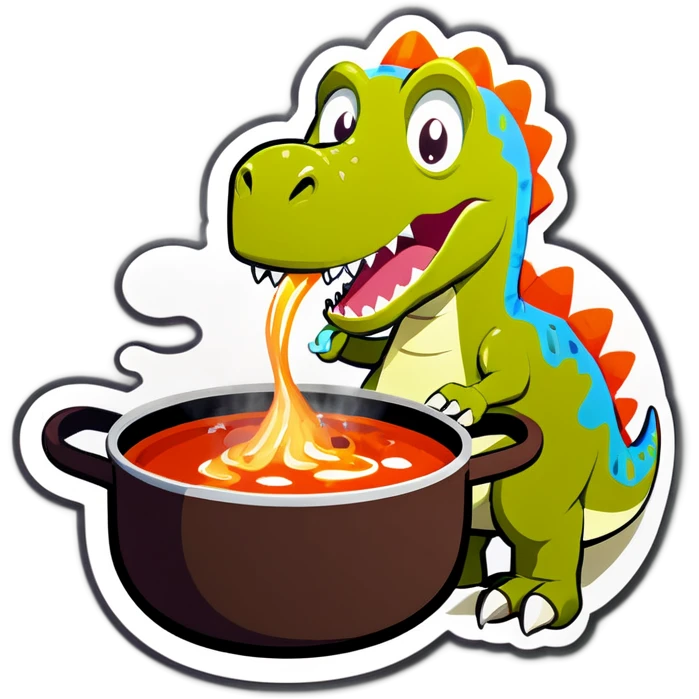 A dinosaur eating a hot pot emoji