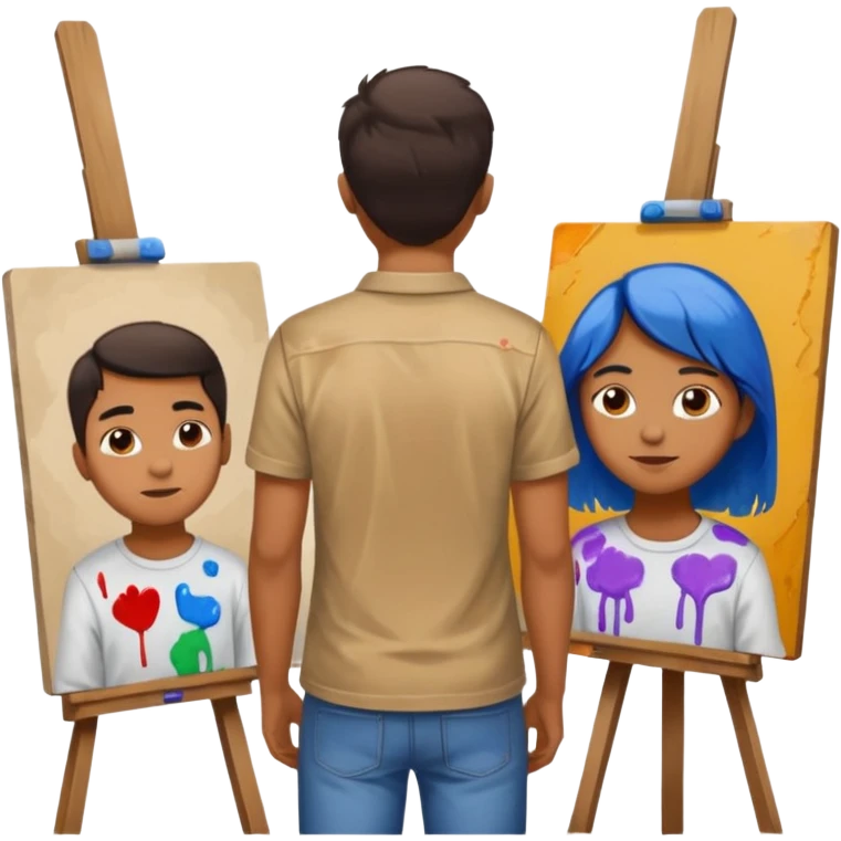 the artist stands with his back to the painting, painting a portrait emoji