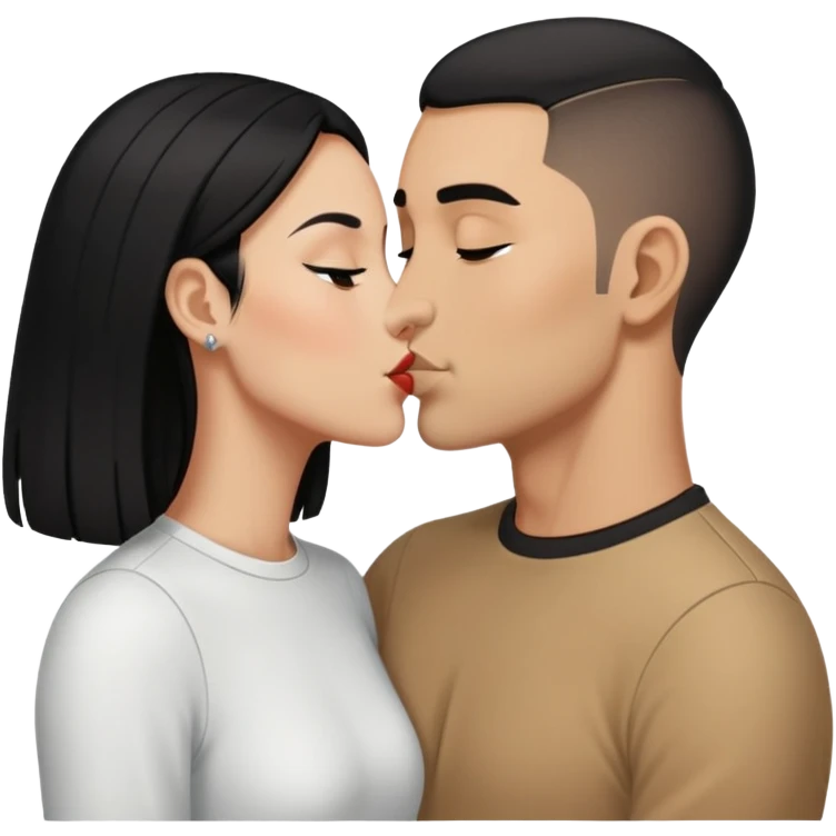 1 Tan girl with long black hair kissing same skintone man with evenly buzzcut black hair both wearing white emoji