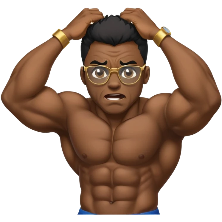 black bodybuilder with gold glasses frustrated pulling hair emoji