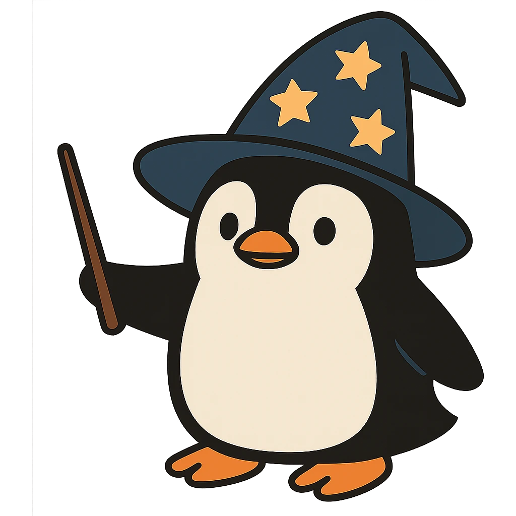 flat toon style penguin wizard with a starry hat emoji