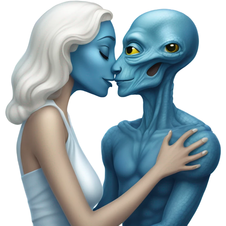 Alien reptilian woman in white dress hugs and kissing a normal "white male human man" in blue dress emoji