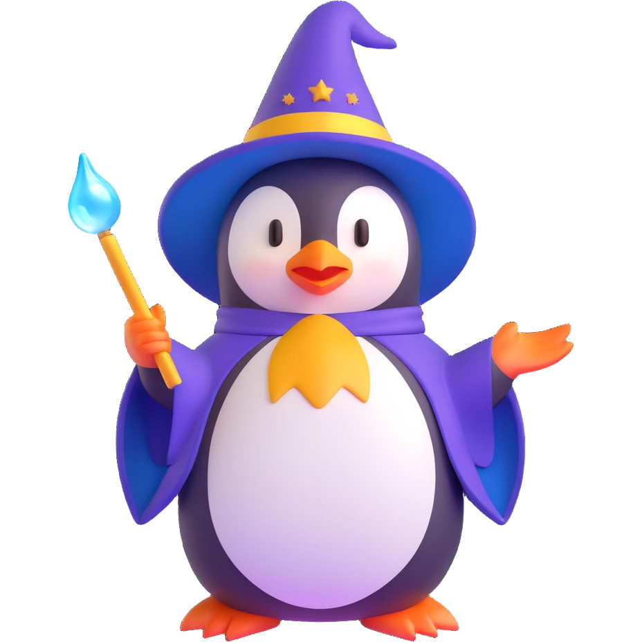 3D emoji of a penguin wizard with a magical aura emoji