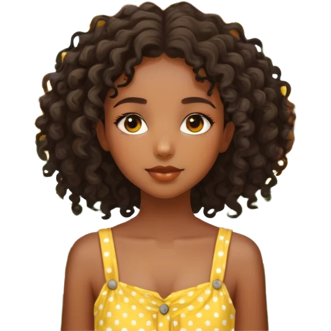 Create an image of a young beautiful black girl with detailed features. She has curly hair cascading down her shoulders and striking, large hazel eyes. She is wearing a yellow sundress with white polka dots. She is standing in a field full of sunflowers emoji