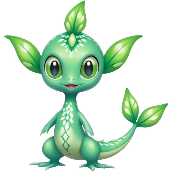 Sparkly White And Green Natural Flowery Colorful Grovyle-Swadloon-Celebi-Fakémon-hybrid-creature (full body)  emoji