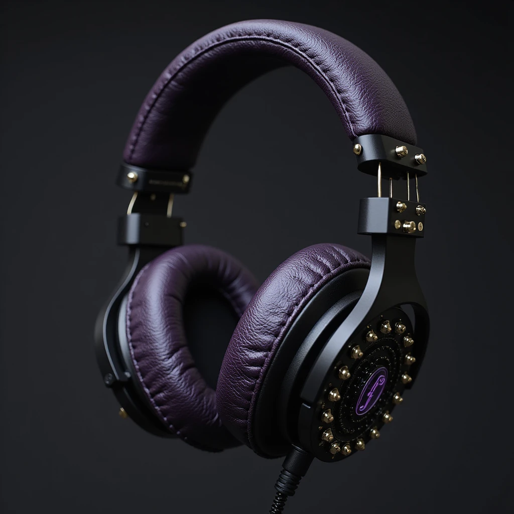 realistic goth headphones, black with dark purple accents and studs, photorealistic style emoji