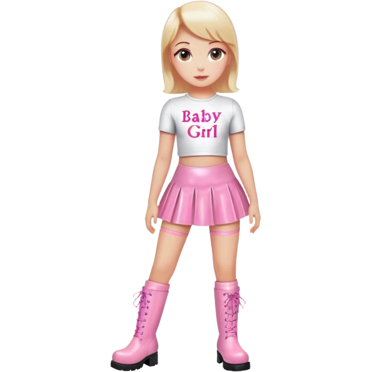 Mini latex skirt and boots and short top with pink inscription “Baby girl” emoji