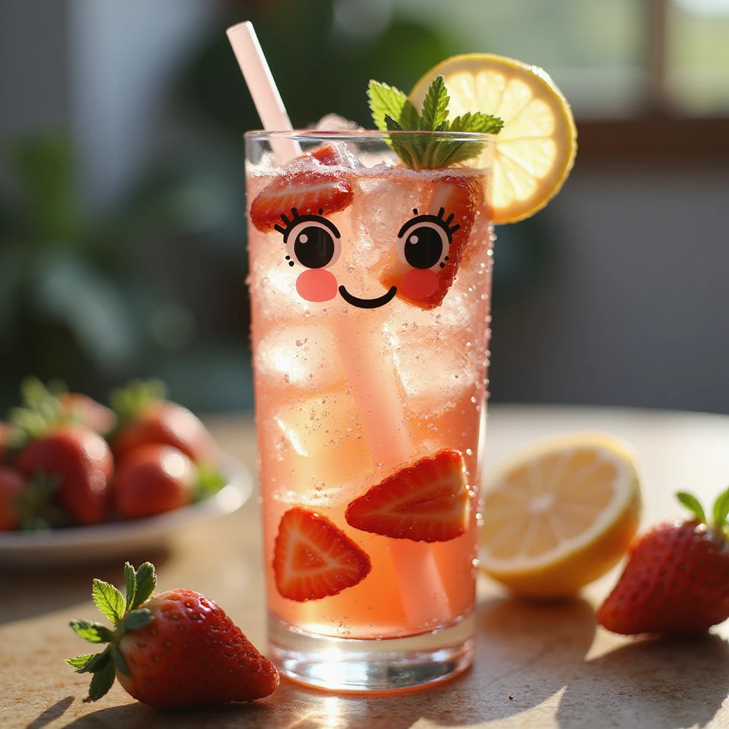 photorealistic strawberry spritz lemonade character in a tall glass filled with sparkling pink lemonade, strawberry slices, ice cubes, fizz, lemon slice and mint sprig on the rim, glass straw, subtle face formed by condensation with lifelike eyes and gentle smile, elegant summery emoji