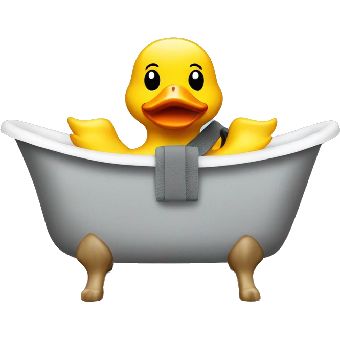 Rubber duck in a bath with a grey belt on a grey chair emoji