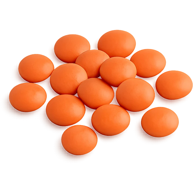 Depict a small scatter of dried red lentils (coral lentils), flat lens shape, warm orange to coral color, smooth matte texture, subtle size and tone variation, no bowl or packaging, clean 3D style, soft lighting, transparent background, emoji scale. emoji