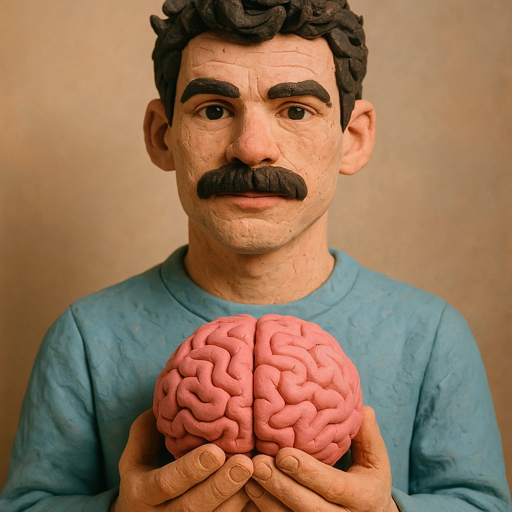 Enhance the claymation man holding a brain by adding more depth and dimension to the image. Make him more attractive and quirky, inspired by the first version, with dark curly hair, thick mustache, light skin, claymation style, visible fingerprints, and pastel colors. emoji