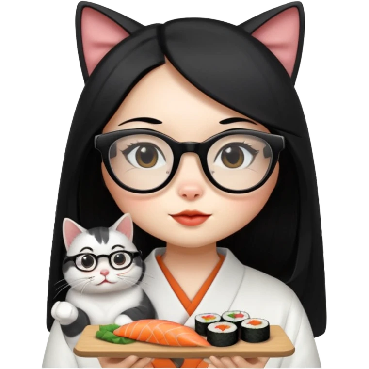 cute girl cat with long straight hair and really big square glasses with super thin frames eating sushi emoji