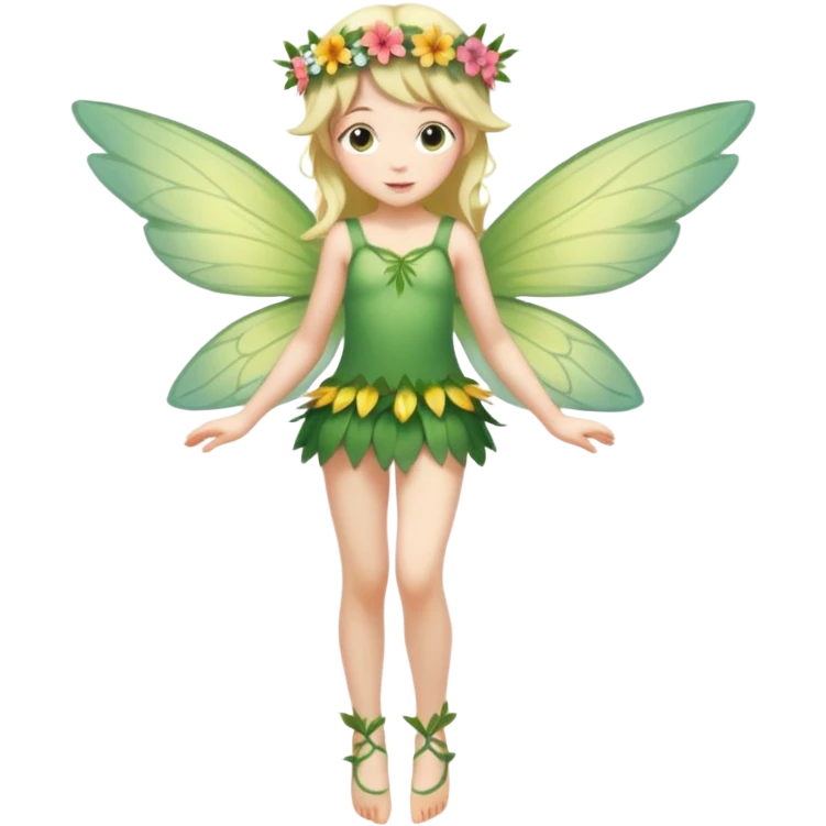 A flower fairy girl, slender in figure, with wings, her entire body slightly tilted, one leg straight, one leg bent, one hand raised, the other lowered. emoji