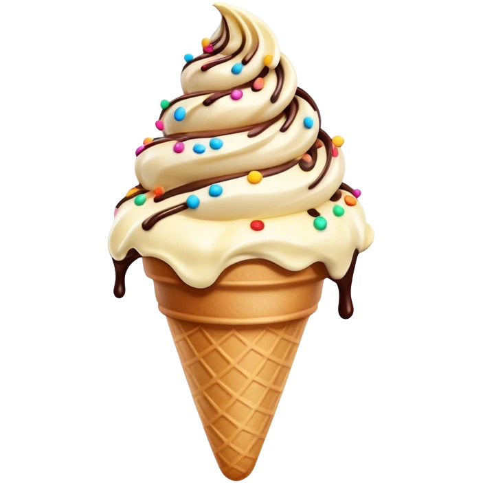 Cinematic scoop of rich, creamy ice cream, slightly melting, smooth swirls of chocolate and vanilla, colorful sprinkles on top, warm glowing background, playful and inviting. emoji