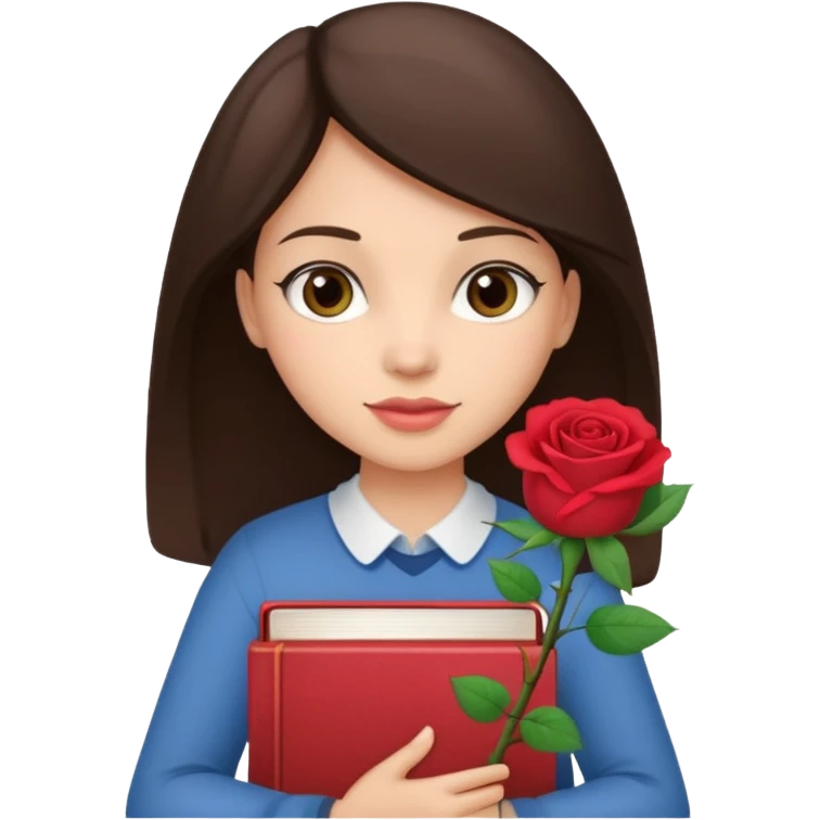 Brunette holds a stack of books + flower emoji