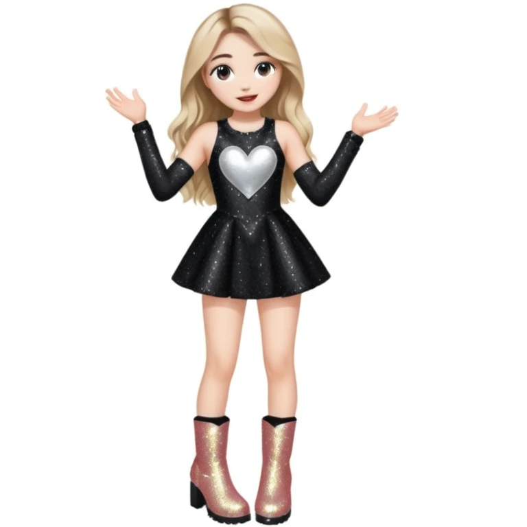 Sabrina carpenter singing at a concert wearing a black sparkly mini dress with silver at the end, with silver sparkly boots with heart cut out on the side emoji