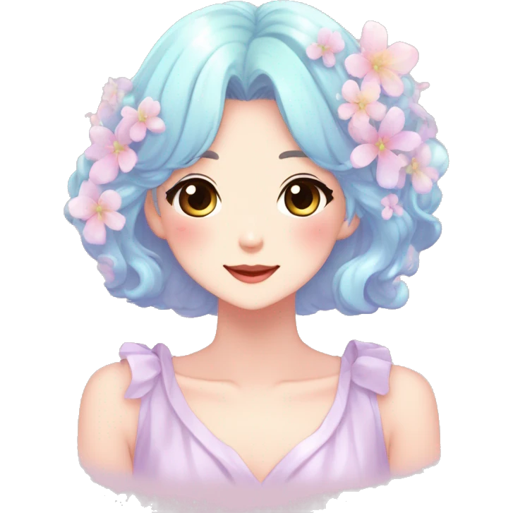 Gorgeous anime style lady blushing face dreamy idol model colorful shiny flowers kawaii pastelcore cottagecore pearly petite simplistic aesthetic trending style emoji