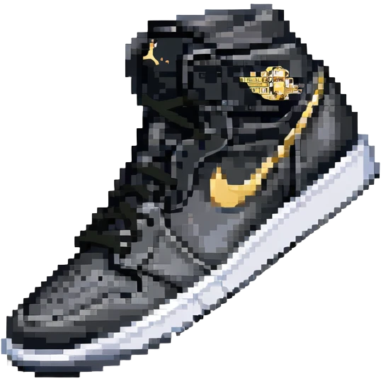Jordan 1 sneaker, all black with a metallic gold swoosh emoji